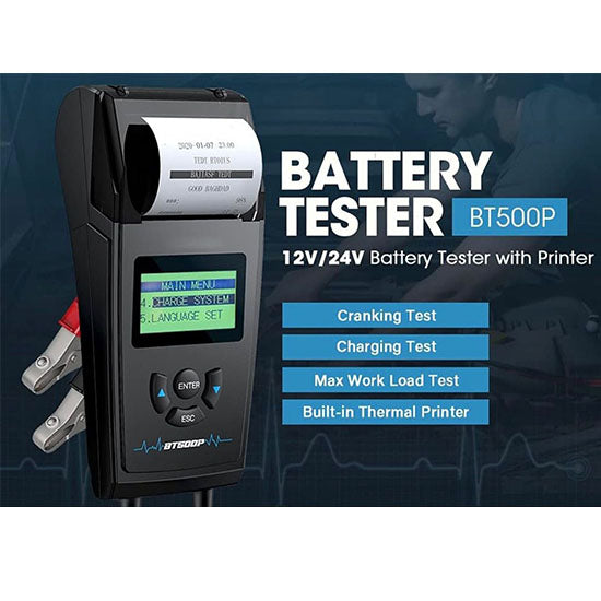 TOPDON BT500P Battery Tester With Built-In Printer For 12/24V Batteries box pack