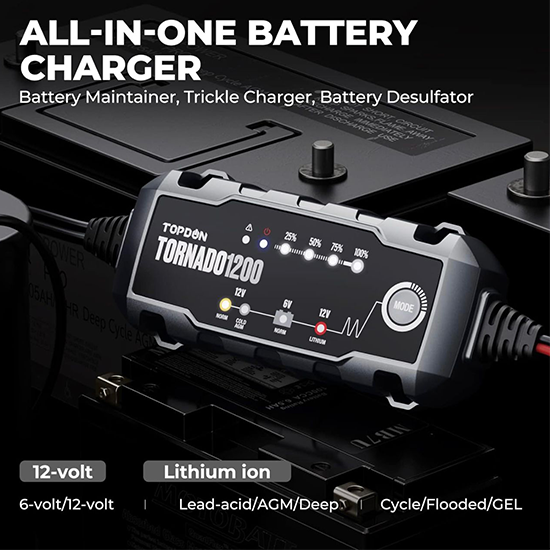 TOPDON Car Battery Charger,6V/12V 1.2A Automatic Battery Charger,Battery Maintainer, Trickle Charger with 5-Stage Charging with Temperature Compensation