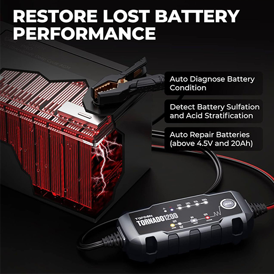 TOPDON Car Battery Charger,6V/12V 1.2A Automatic Battery Charger,Battery Maintainer, Trickle Charger with 5-Stage Charging with Temperature Compensation