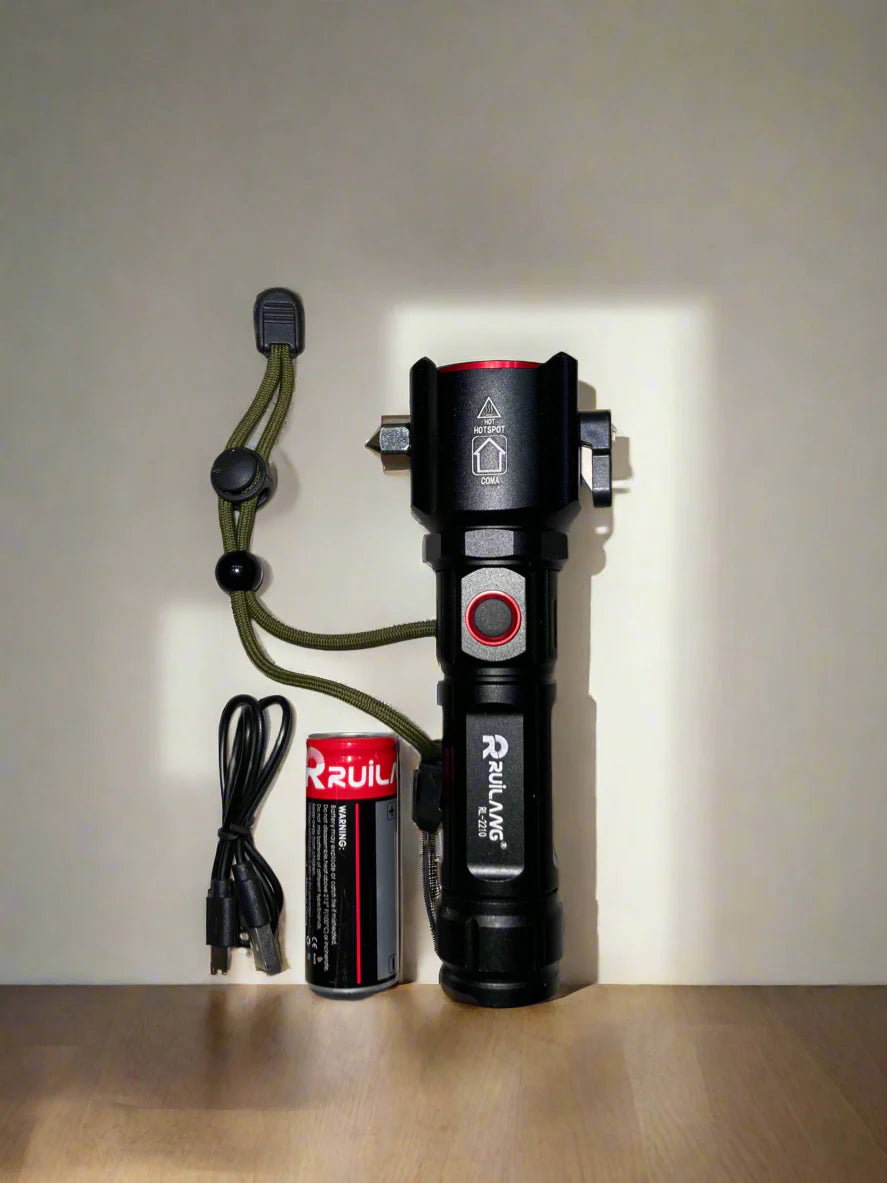 RUILANG RL-2210 Multifunctional Emergency Flashlight with Power Bank, Seatbelt Cutter & Window Breaker | Rechargeable LED Work Light