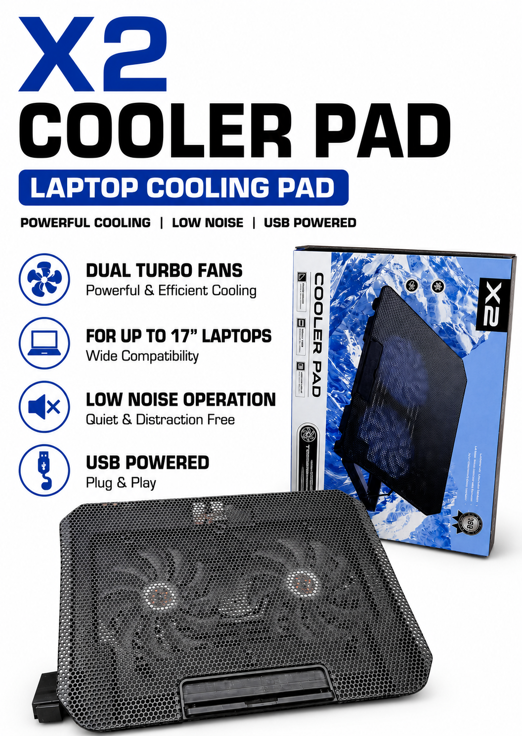 X2 Dual Turbo Laptop Cooling Pad | USB Powered Metal Mesh Cooler