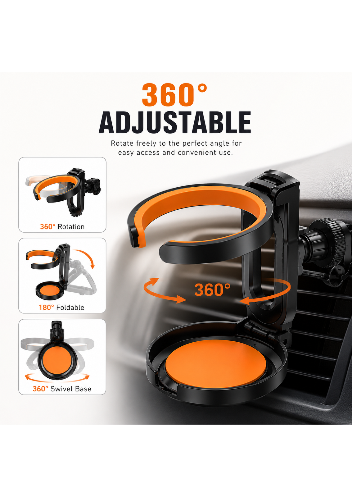 360° Adjustable Car Air Vent Cup Holder | Foldable Drink Holder for Bottles, Cups & Mugs