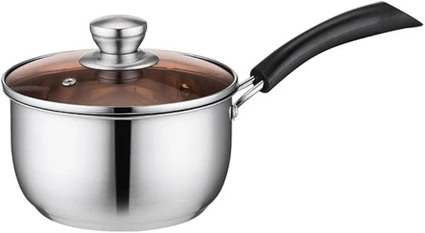 Stainless Steel with Glass lid (18cm)Milk Pot Single Handle Small Milk Pot Household Instant Noodle Pot Cooking Milk Pot Milk Pan ZI0420-1