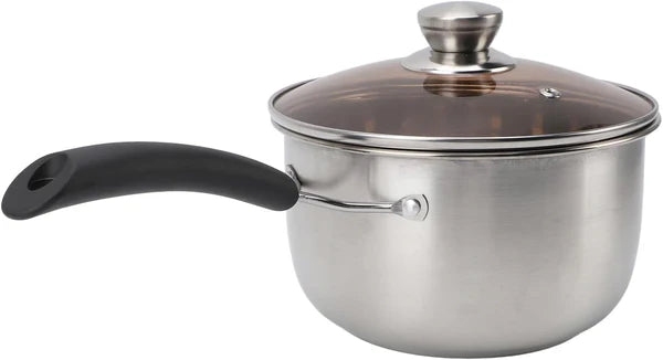 Stainless Steel Milk Pot 18cm with Glass Lid – Stove Top Cooking Pot, Single Handle, Household Kitchen Utensils (ZL0618-1)