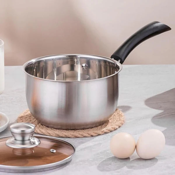 Stainless Steel with Glass lid (18cm)Milk Pot Single Handle Small Milk Pot Household Instant Noodle Pot Cooking Milk Pot Milk Pan ZI0420-1