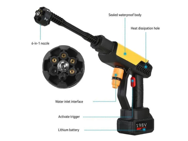 6 in 1 Nozzle - Imported Cordless Pressure Washer - Dual Battery 198V