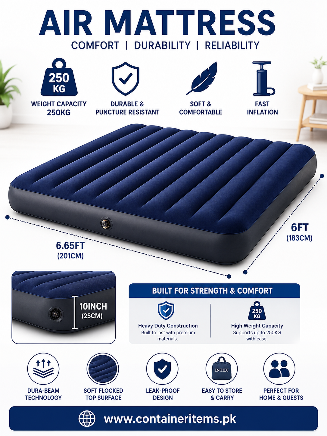 INTEX Air Bed ( 72"x80"x10" ) Classic Downy Airbed Dura Beam Standard With Fiber-Tech™️Technology