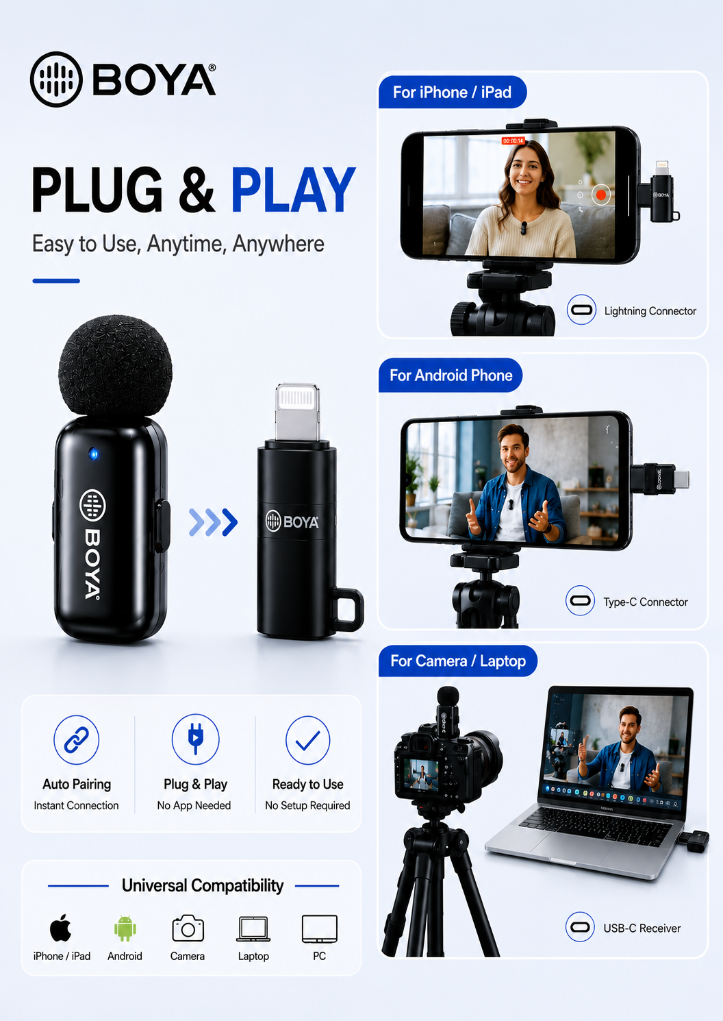 BOYA MW10 Wireless Microphone Up to 6 Hours of Continuous Recording