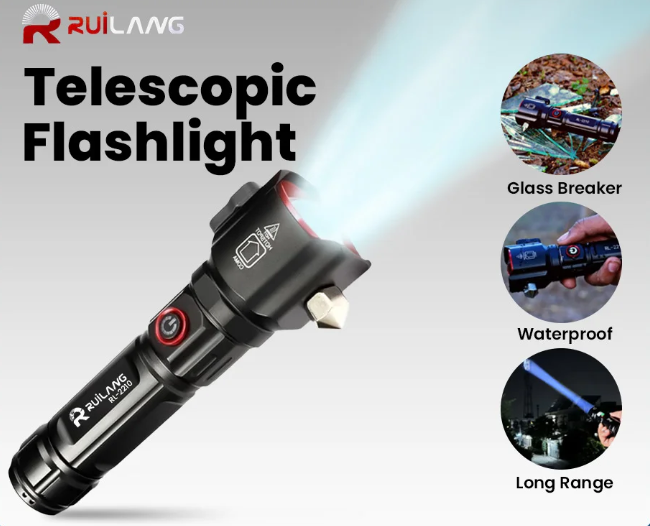 RUILANG RL-2210 Multifunctional Emergency Flashlight with Power Bank, Seatbelt Cutter & Window Breaker | Rechargeable LED Work Light