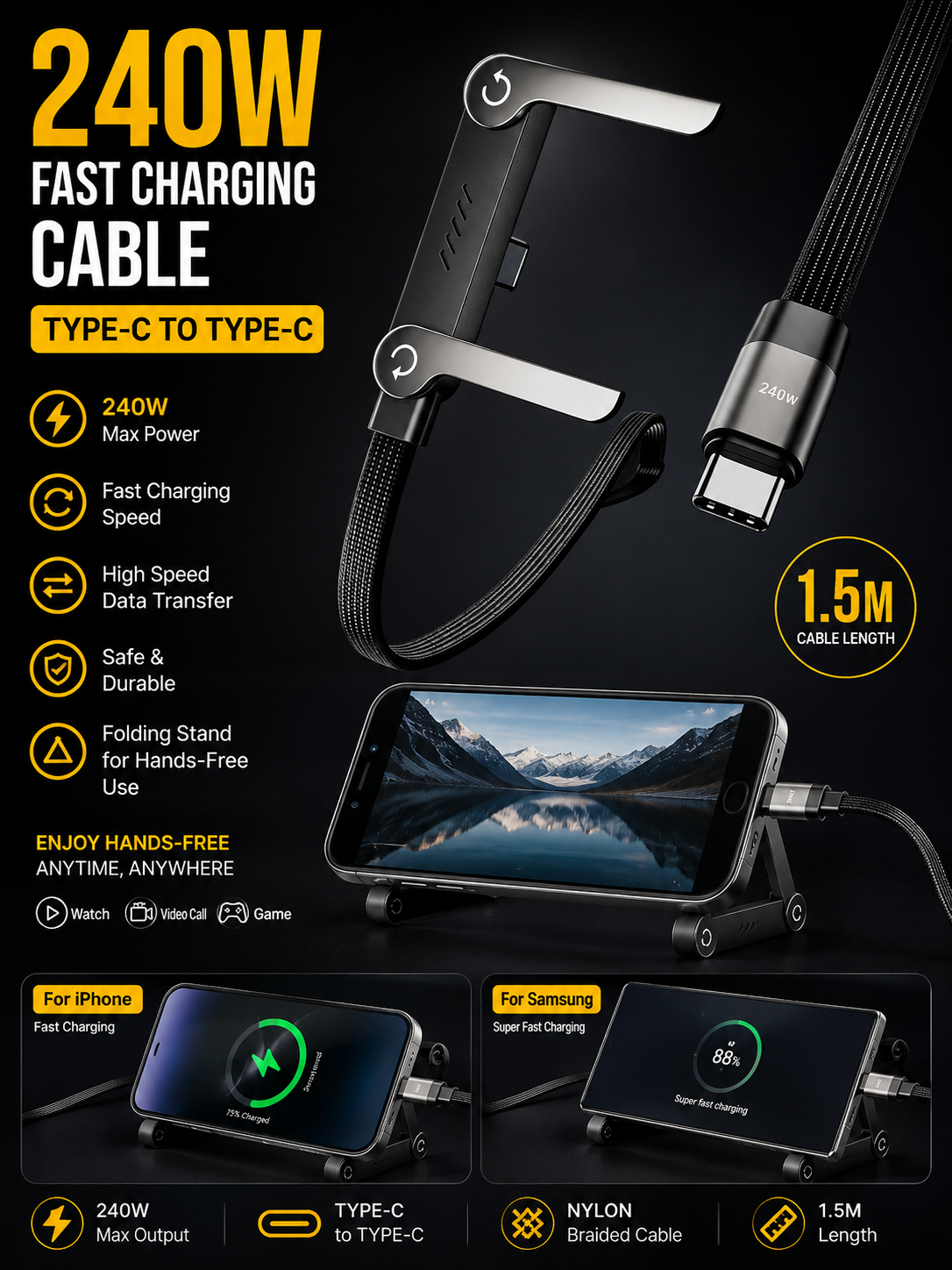 240W 2-in-1 C to C Charging Cable with Phone Stand 1.5m length
