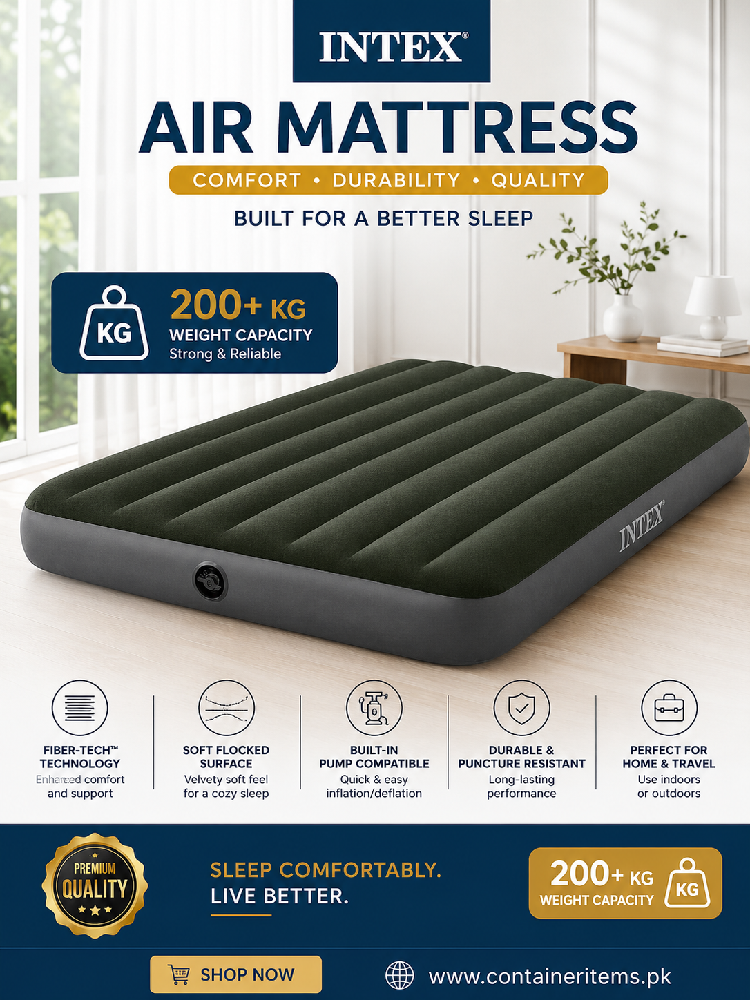 INTEX Air Bed (60"x80"x10") Queen Size Prestige Downy Mattress Dura Beam Standard With Fiber-Tech