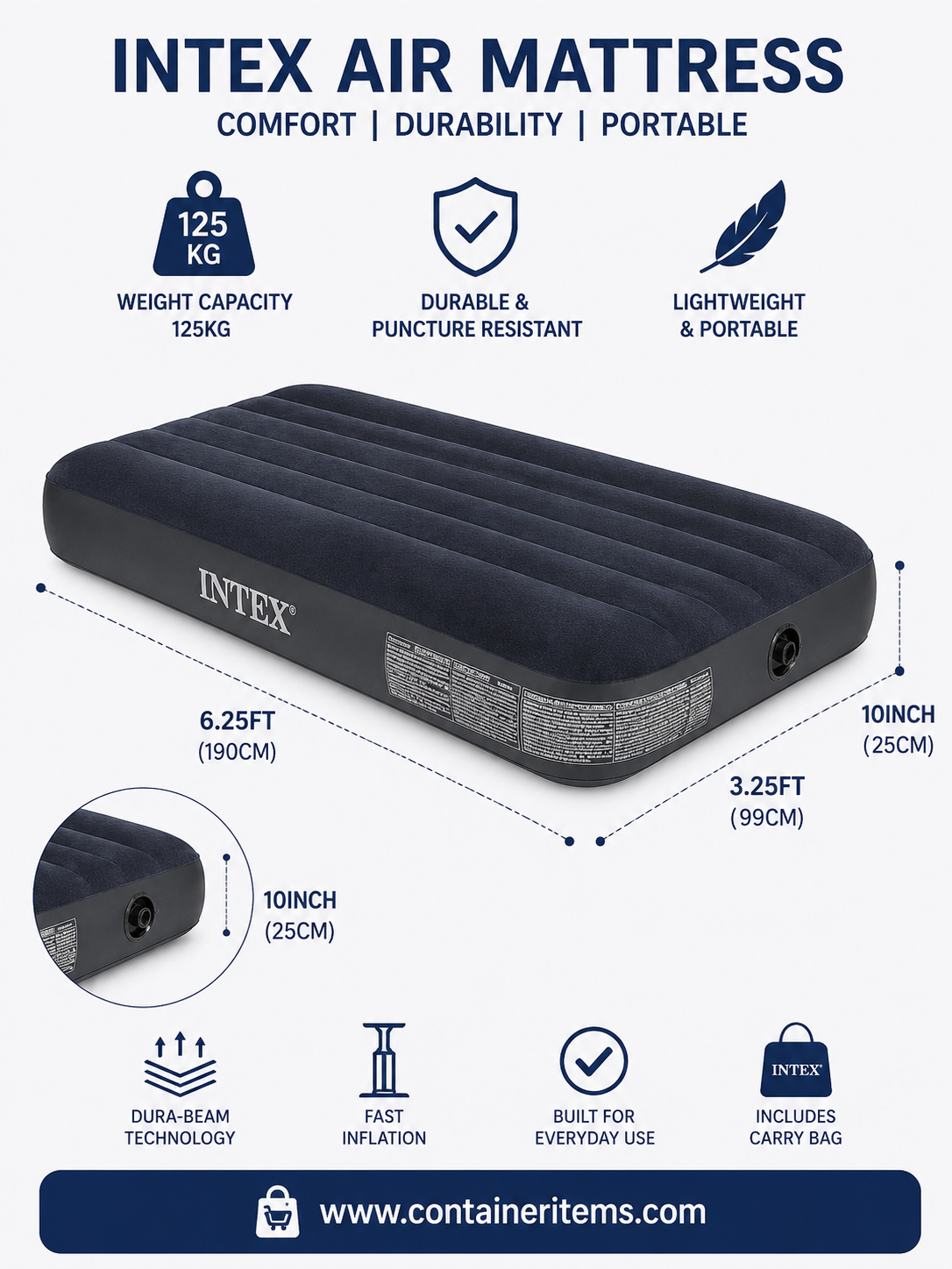 INTEX Airbed 39"x75"x10" Twin Size Classic Downy Dura-Beam With Fiber-Tech Technology Standard Series