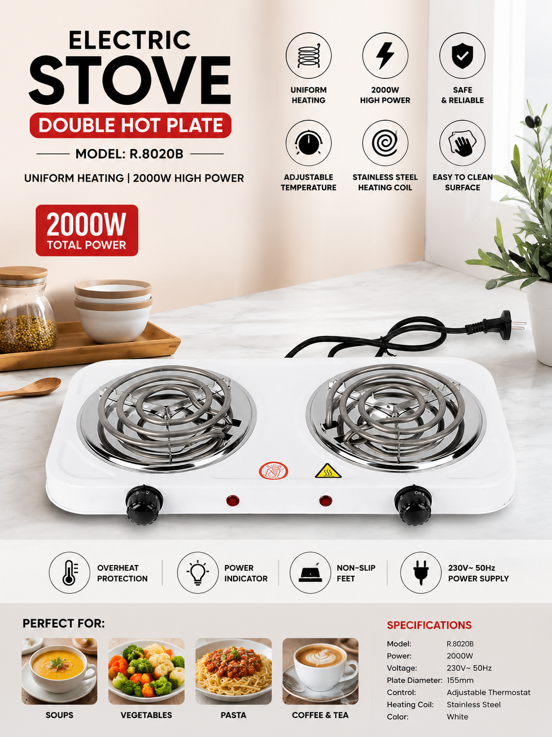 Electric Stove ( double ) & Hot Plate Cooker R.8020B – Uniform Heating 2000W