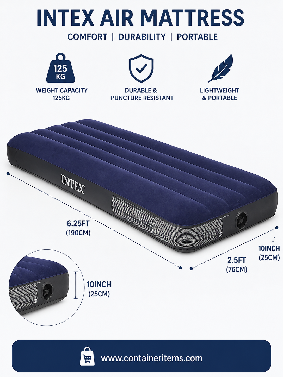 INTEX Air Bed ( 30"x75"x10" ) Classic Downy Airbed Dura Beam Standard With Fiber-Tech™️Technology