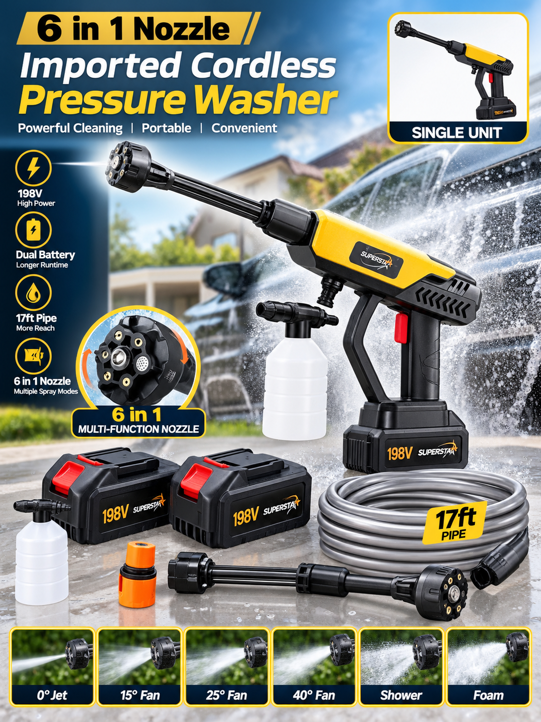 6 in 1 Nozzle - Imported Cordless Pressure Washer - Dual Battery 198V