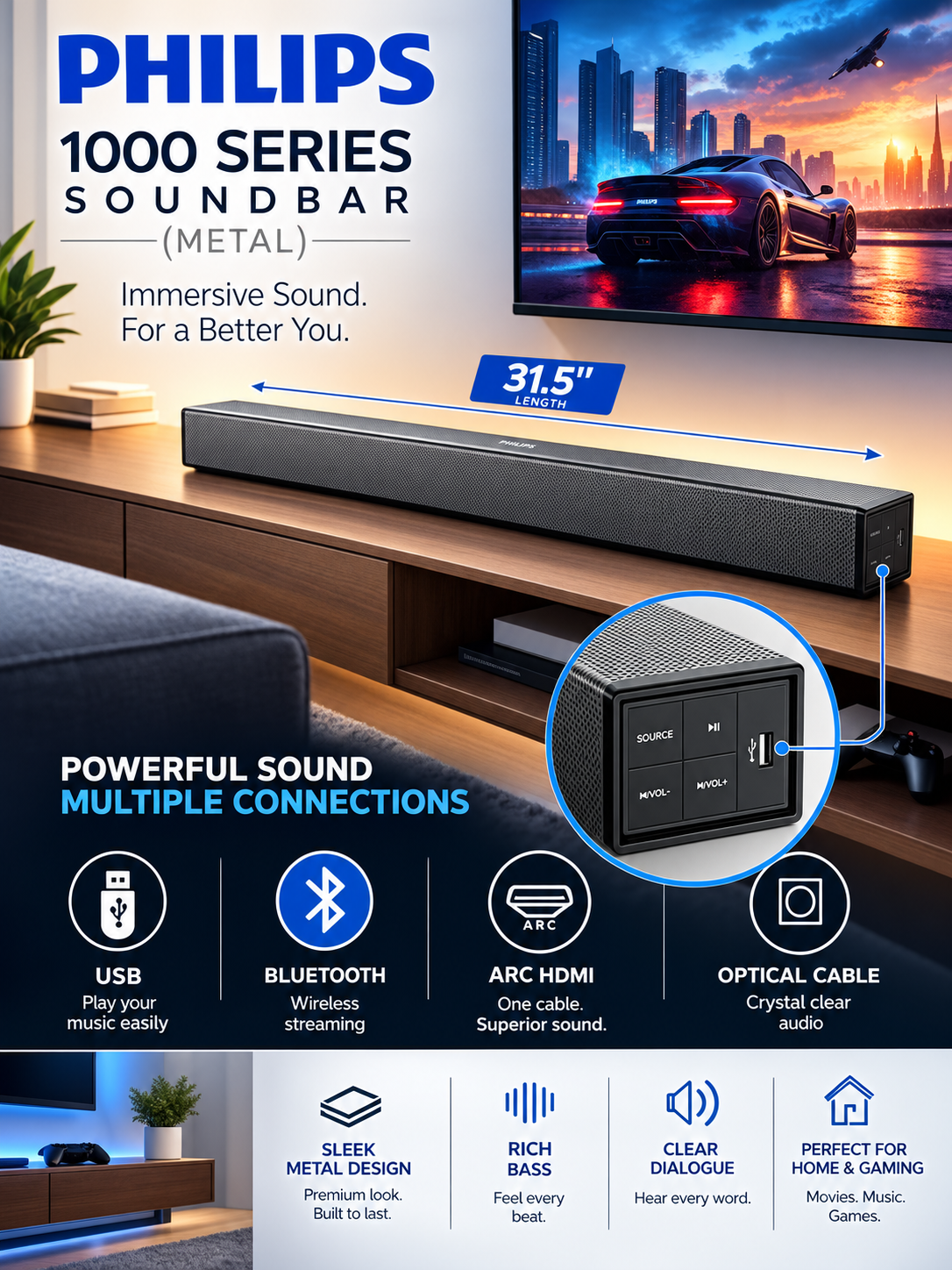 Philips HTL1045/94 32inch With HDMI ARC 45W Bluetooth Soundbar