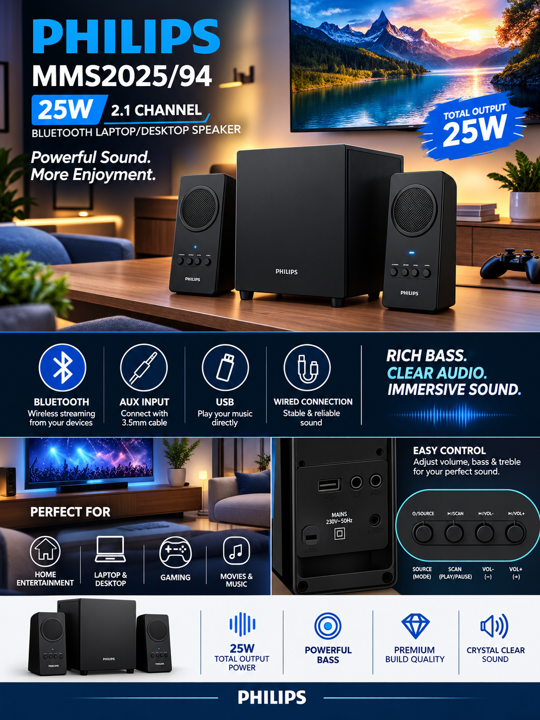PHILIPS MMS2025/94 25W Bluetooth Laptop/Desktop Speaker (Black, 2.1 Channel)