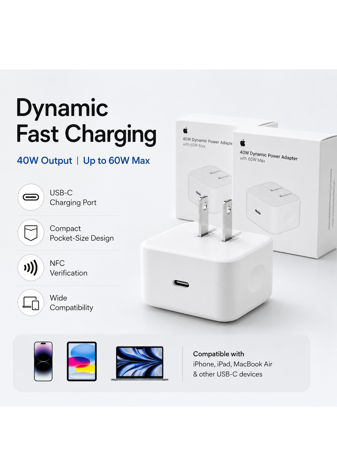 40W USB-C Fast Charger Power Adapter with 60W Max Output | Compact Wall Charger | Fast Charging