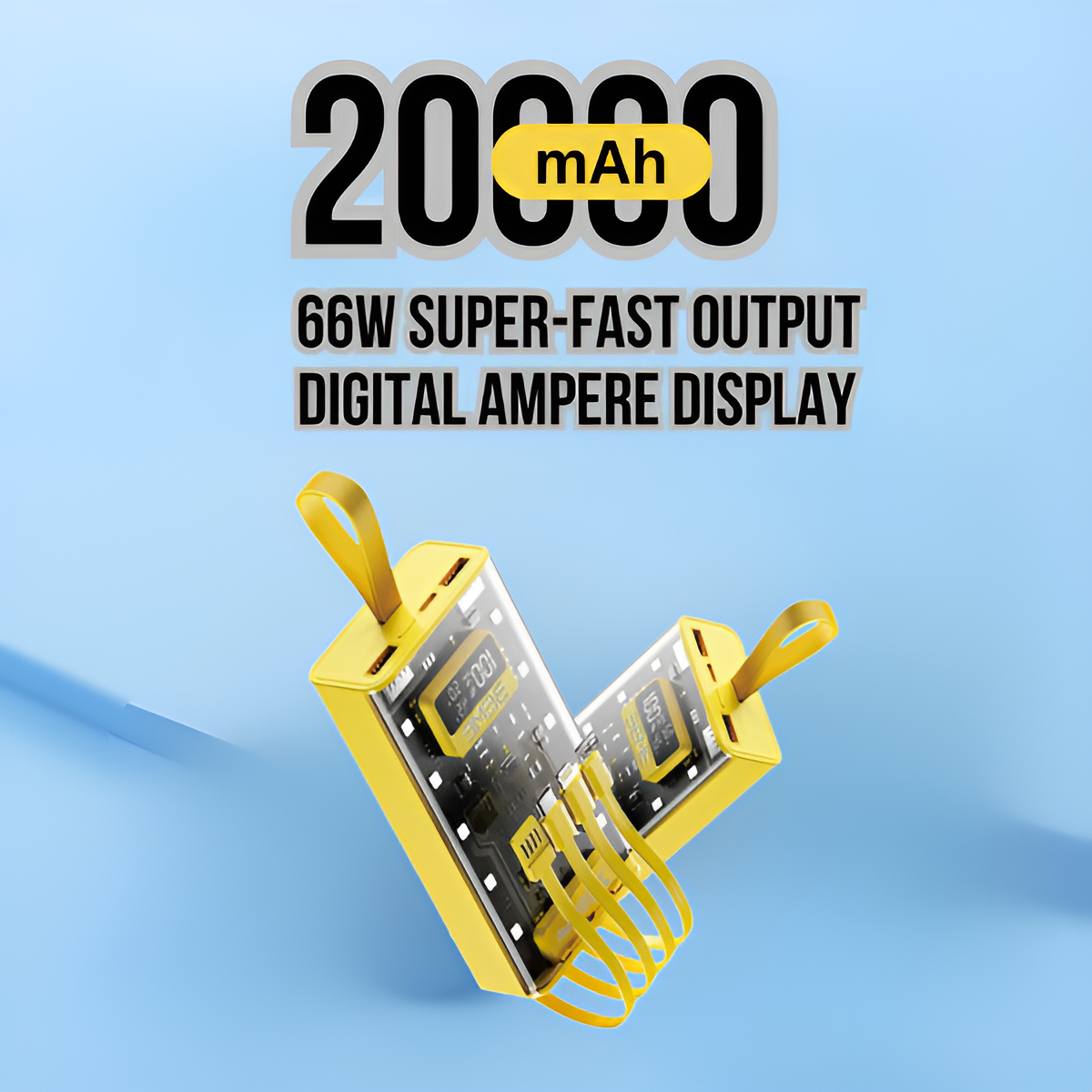 20000mAh Fast Charging Power Bank with Built-in Cables – Dual Output Ports, LED Display