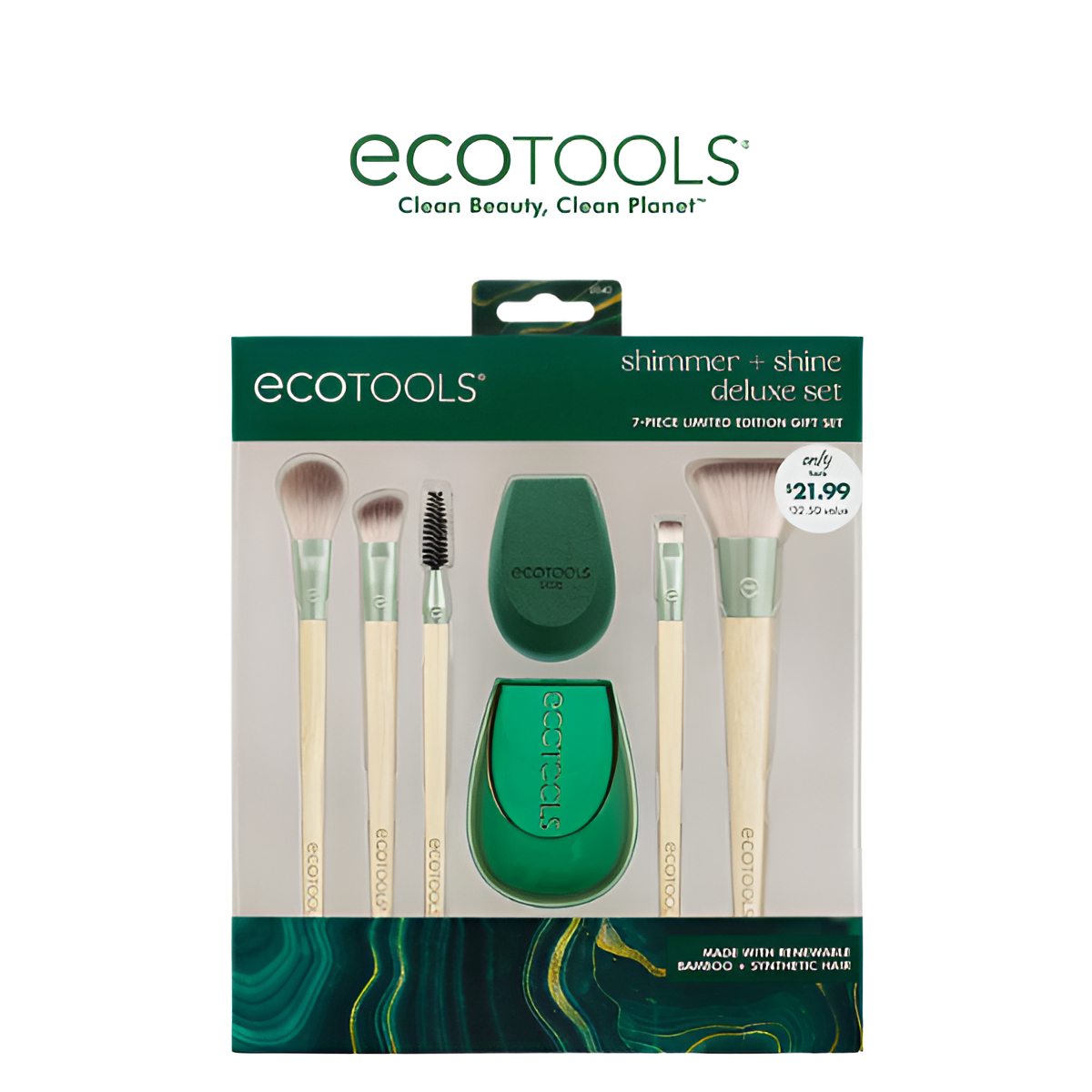 EcoTools 0040 Shimmer + Shine Deluxe Set - 7-Piece Eco-Friendly Makeup Brush Kit | Limited Edition Gift Set