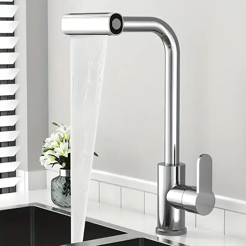 Modern Kitchen Faucet with Rain & Waterfall Spout – High Arc, 360° Swivel, Chrome Finish