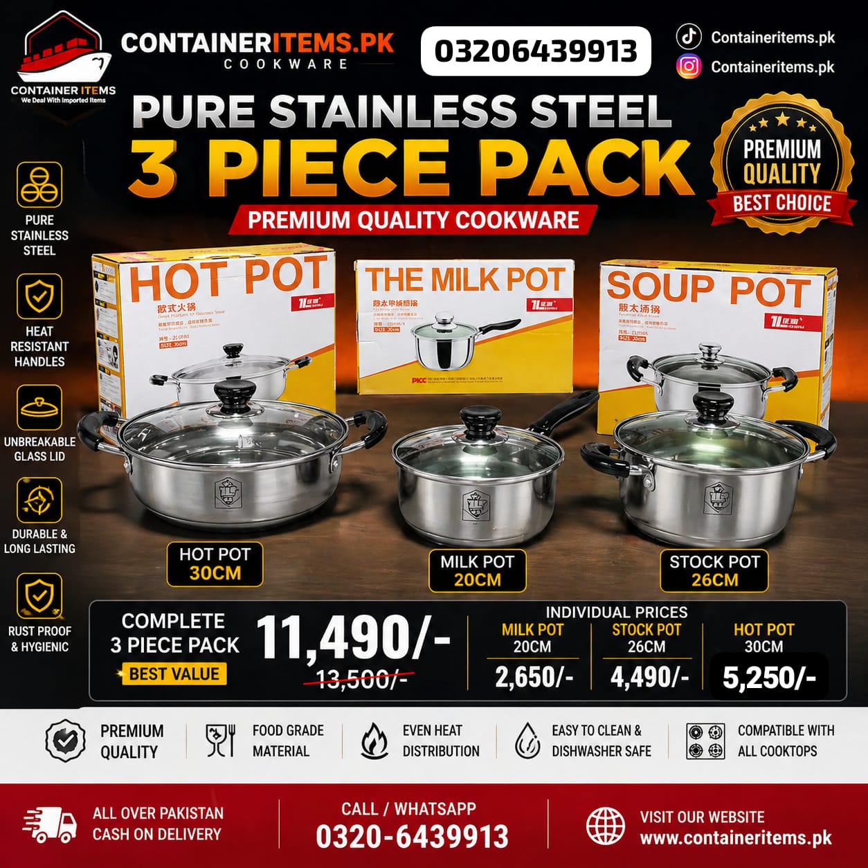 Deal 5 Pack of 3 (6 liter Soup Pot + 20CM Milk Pot + Stainless Steel Hot Pot)