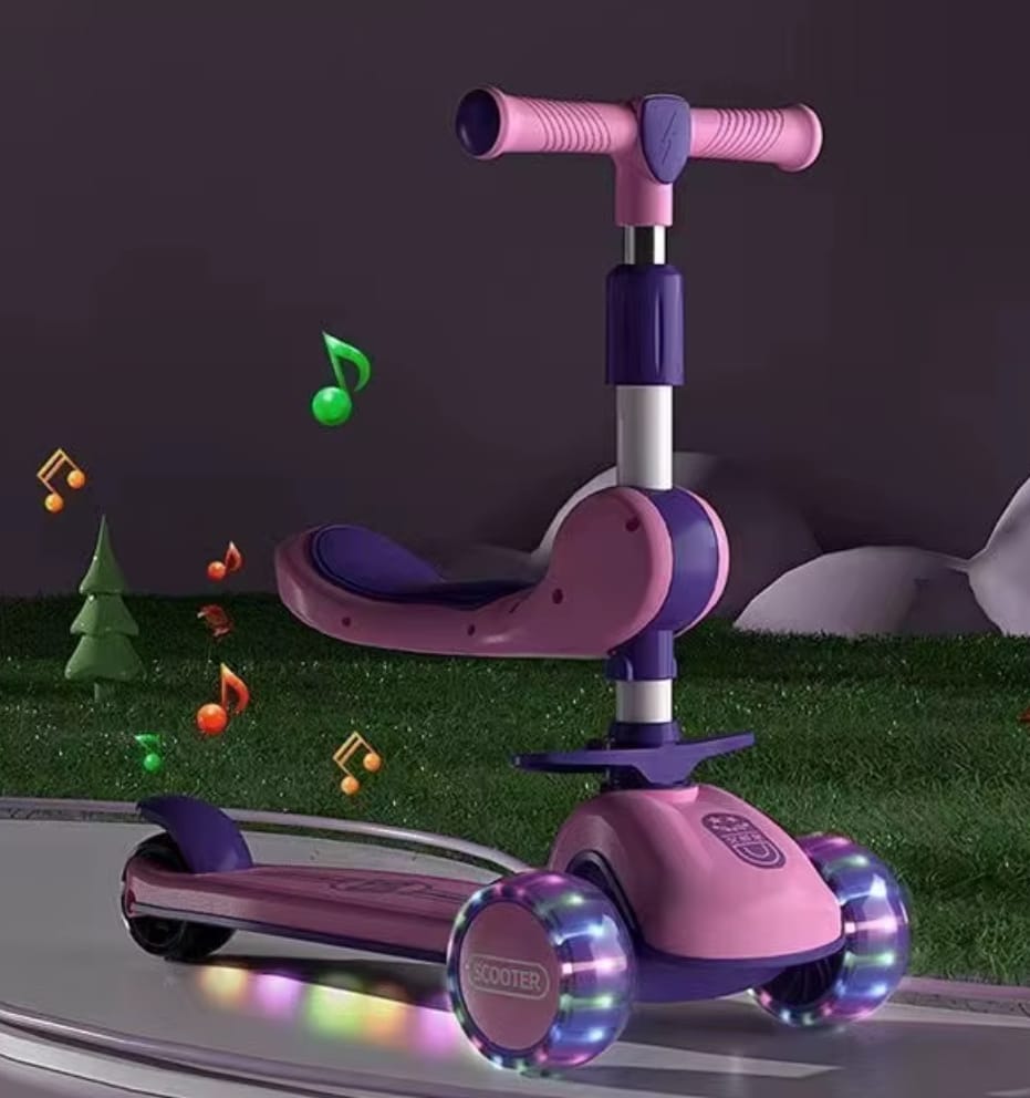 Magicwand Foldable 2-in-1 Sit & Stand Wide Platform Height Adjustable Kick Scooter for Kids with Foldable Seat,Lights & Music