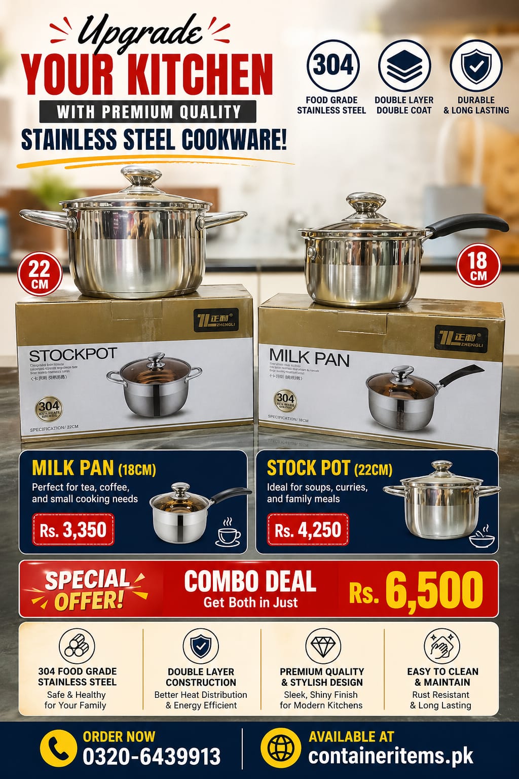 Deal 2 Pack of 2 pcs (18CM Non Stick Cooking Pot + 3 liter Stock Pot)