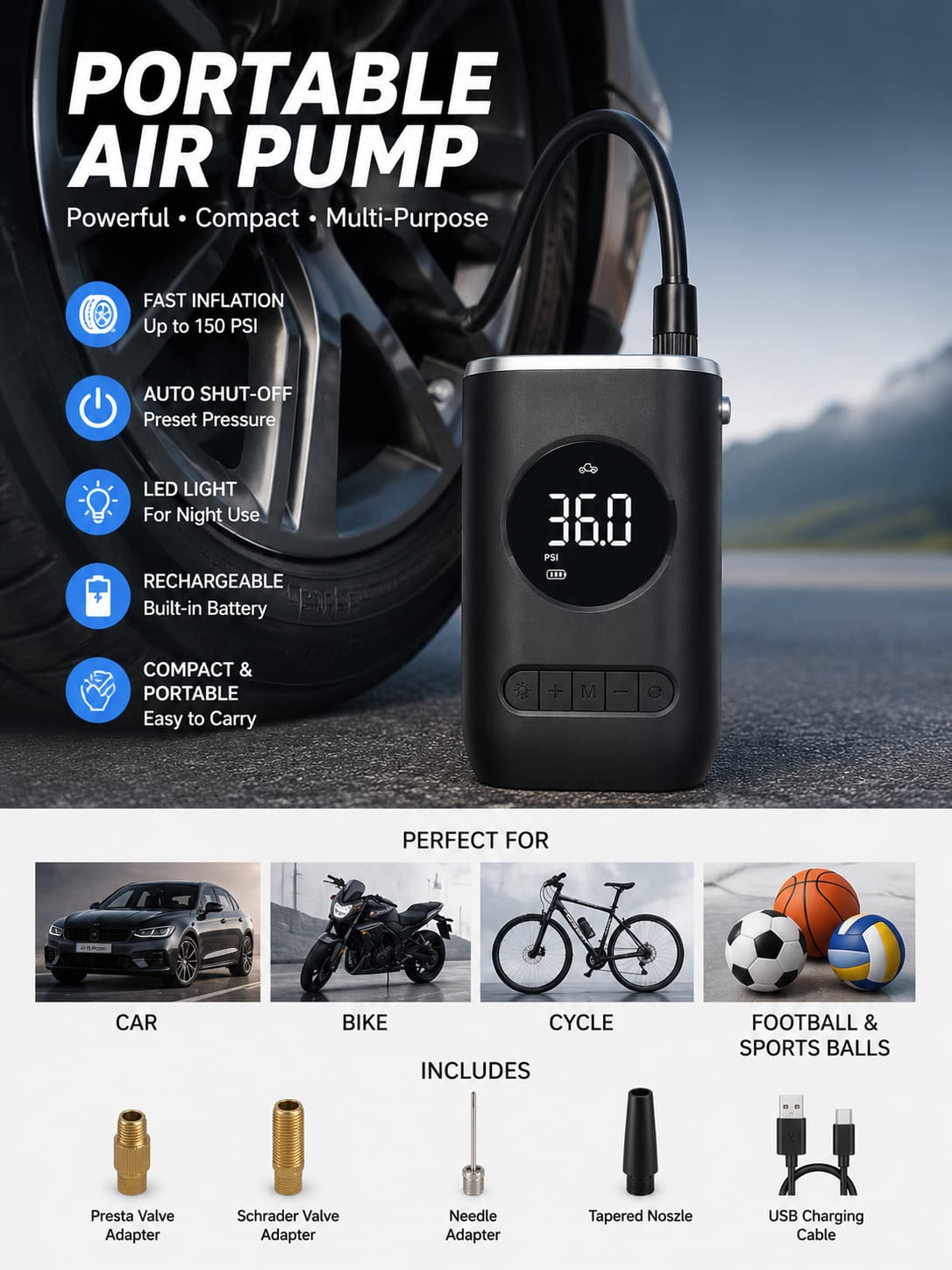 Tire Inflator Cordless Portable Mini Air Compressor with LED Light Suitable for Car Ball Motorcycle Bicycle