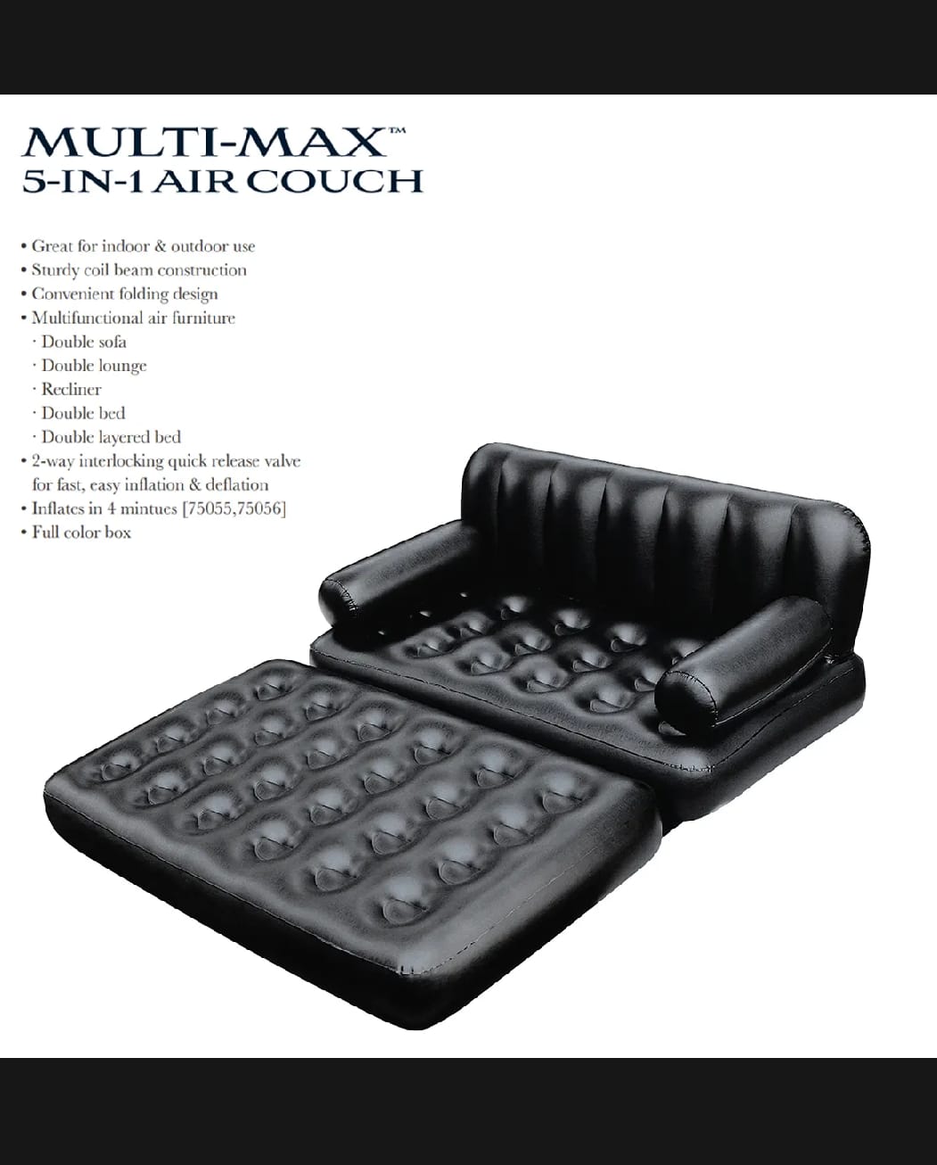 5 in 1 Bestway Inflatable Multi-Functional Sofa for Indoor and Outdoor Use, Black, Double