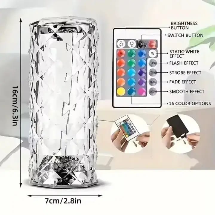 Rose Diamond Crystal Lamp – 16 Color RGB LED Touch & Remote Control Table Lam