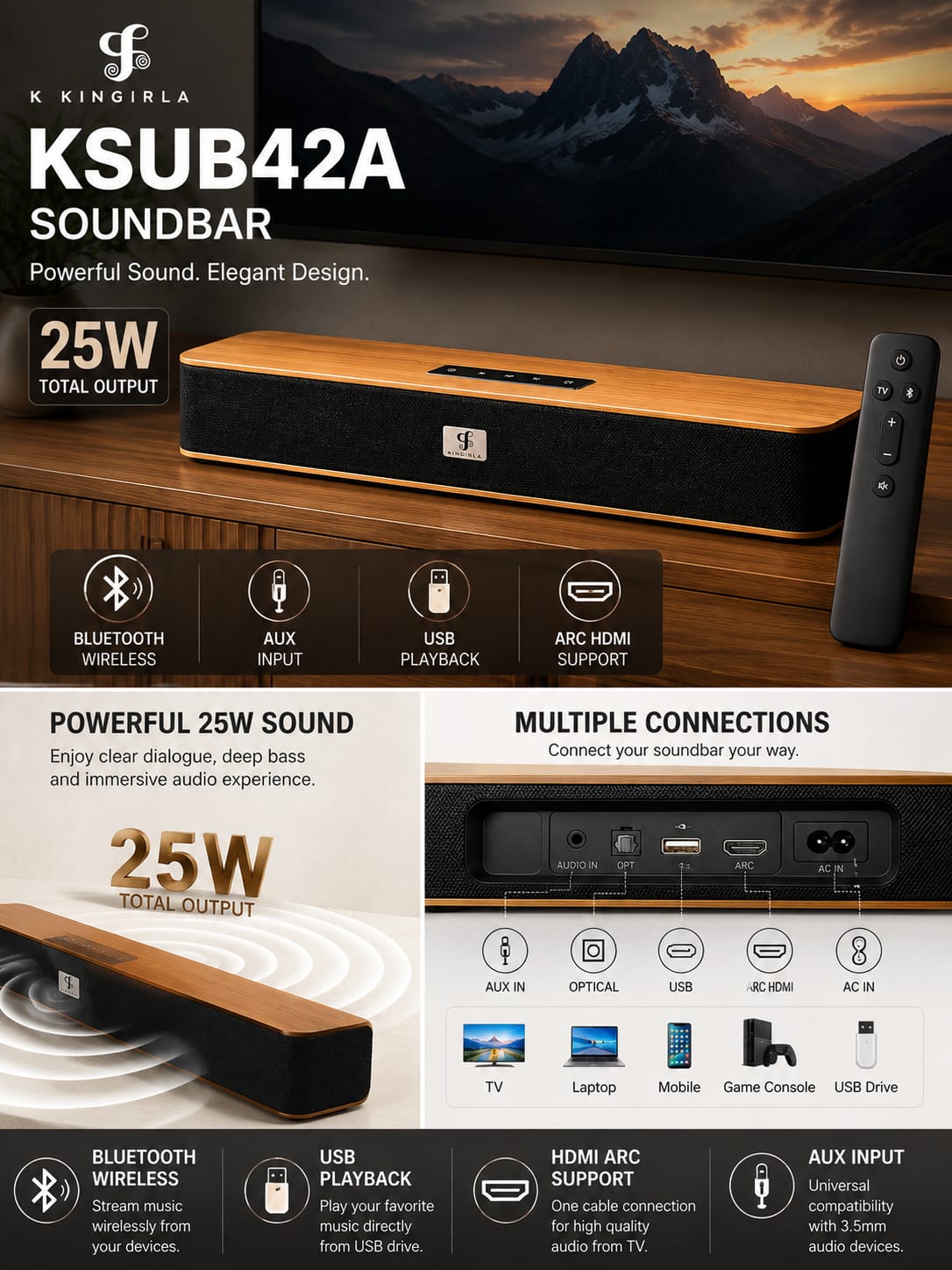 KINGIRLA 25w wooden soundbar ksub42a 2.0ch