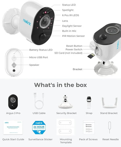 Reolink argus 3 rechargeable bettery powered camera 4mp with colour night vision 2 way talk motion detection box pack (with solar panel)