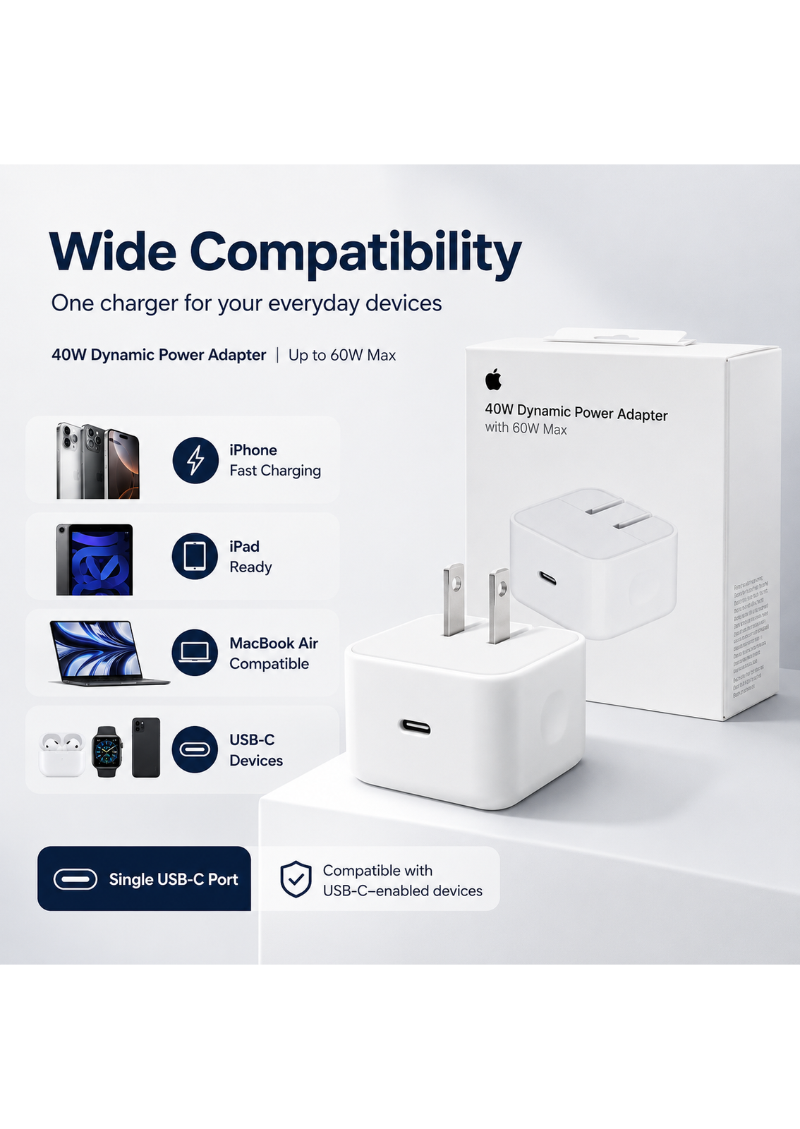 40W USB-C Fast Charger Power Adapter with 60W Max Output | Compact Wall Charger | Fast Charging
