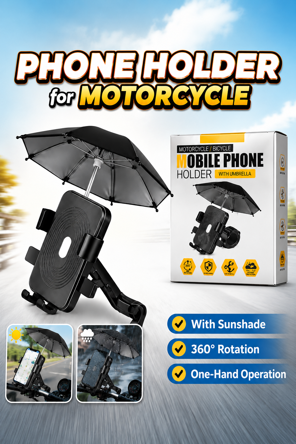 Motorcycle Bike Mobile Phone Holder with Umbrella Sunshade – MT-305