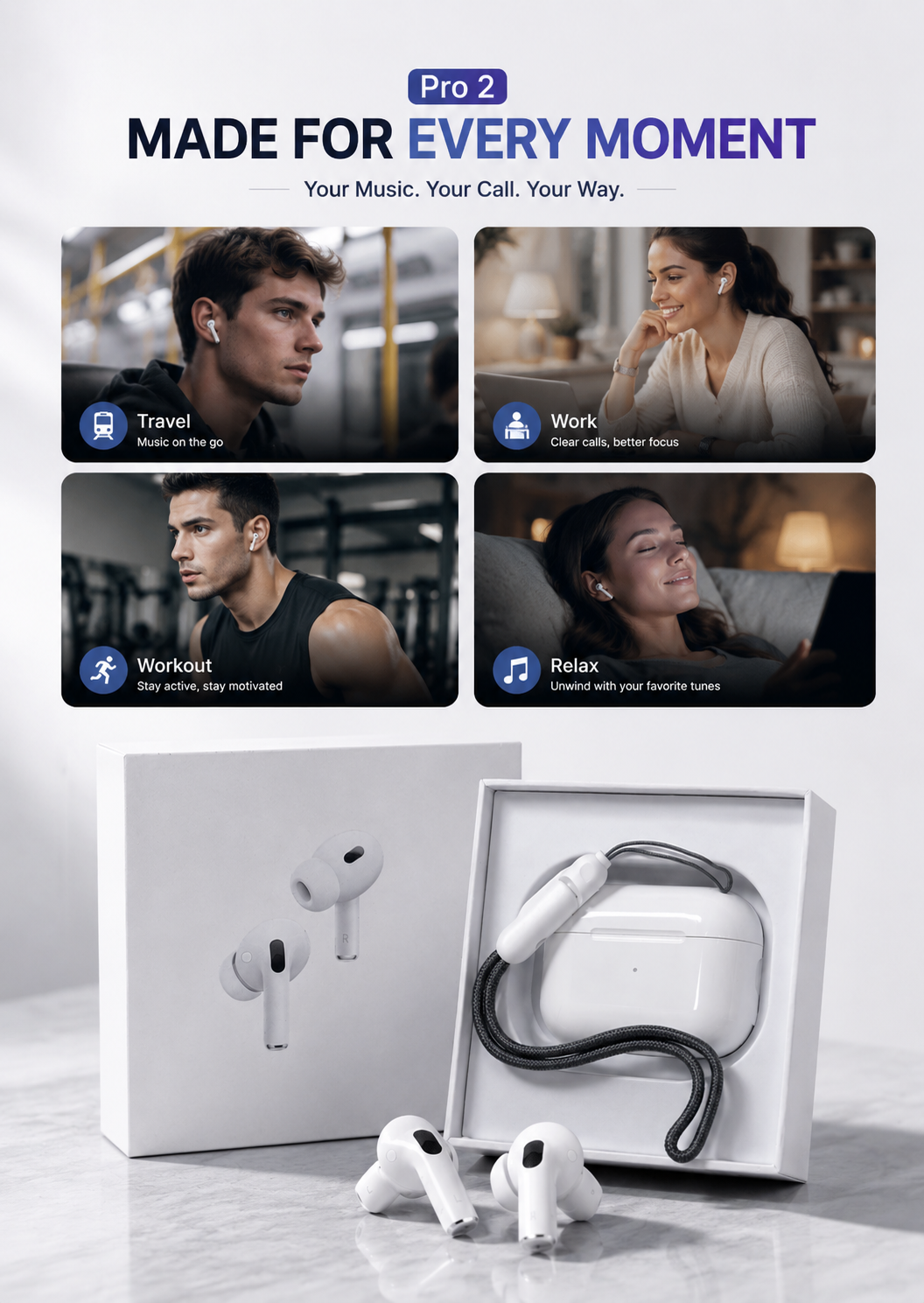 Pro 2 Wireless Bluetooth Earbuds | Hi-Fi Sound, Touch Control & Charging Case