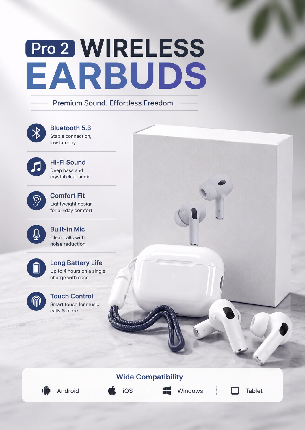 Pro 2 Wireless Bluetooth Earbuds | Hi-Fi Sound, Touch Control & Charging Case