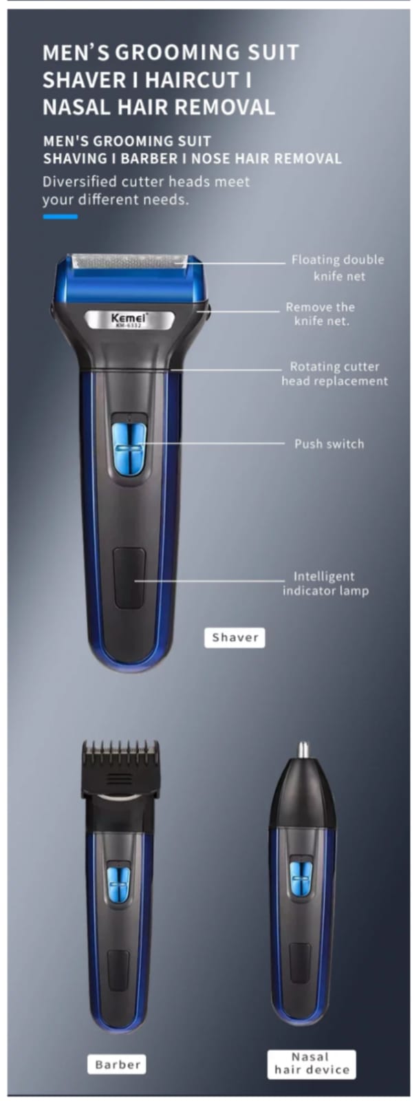 Kemei 3 in 1 Electric Hair Removal Men's Shaver and Grooming Kit