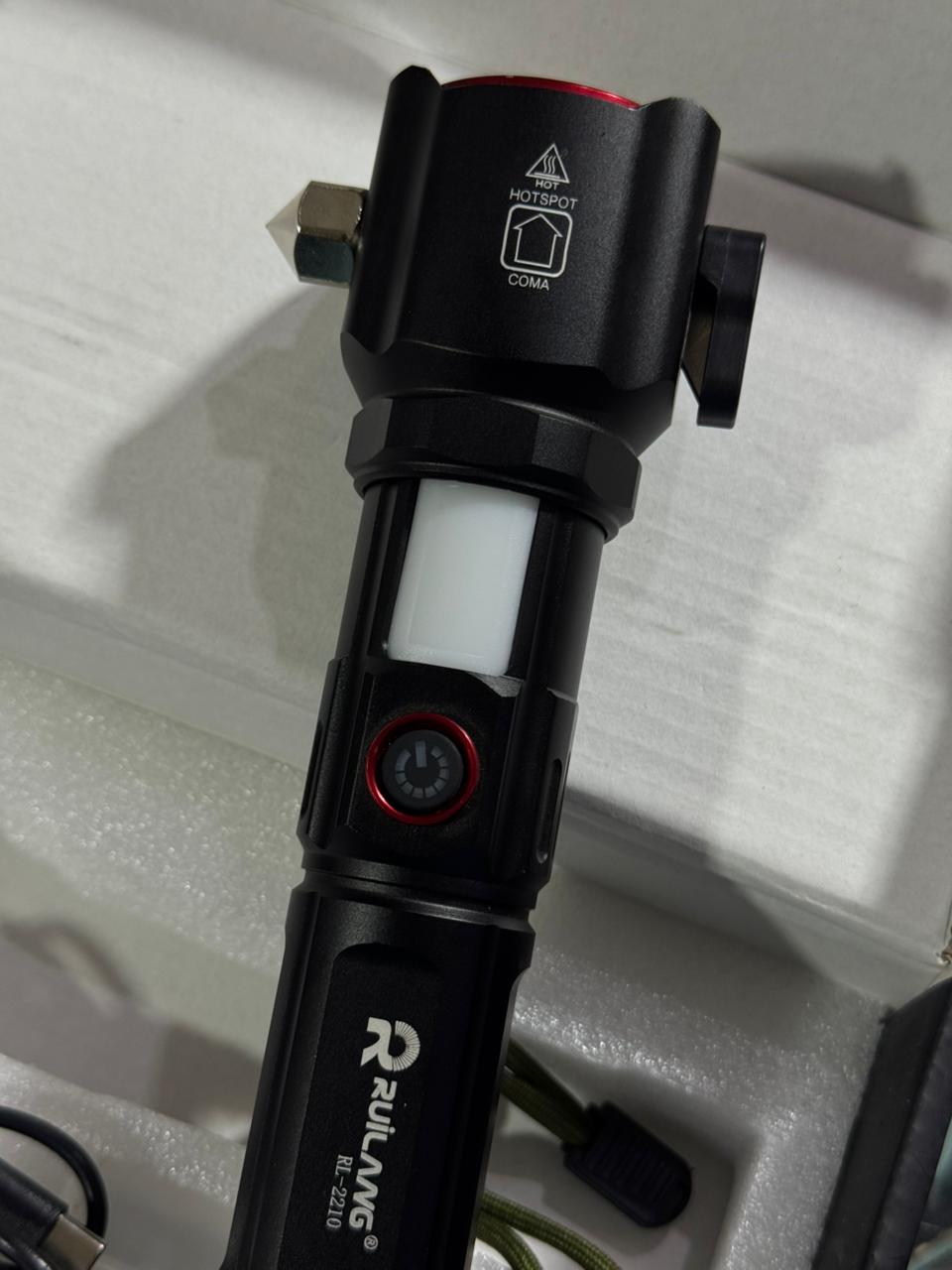 RUILANG RL-2210 Multifunctional Emergency Flashlight with Power Bank, Seatbelt Cutter & Window Breaker | Rechargeable LED Work Light