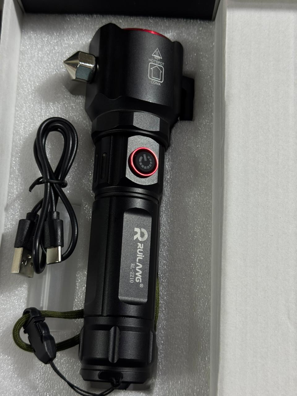 RUILANG RL-2210 Multifunctional Emergency Flashlight with Power Bank, Seatbelt Cutter & Window Breaker | Rechargeable LED Work Light