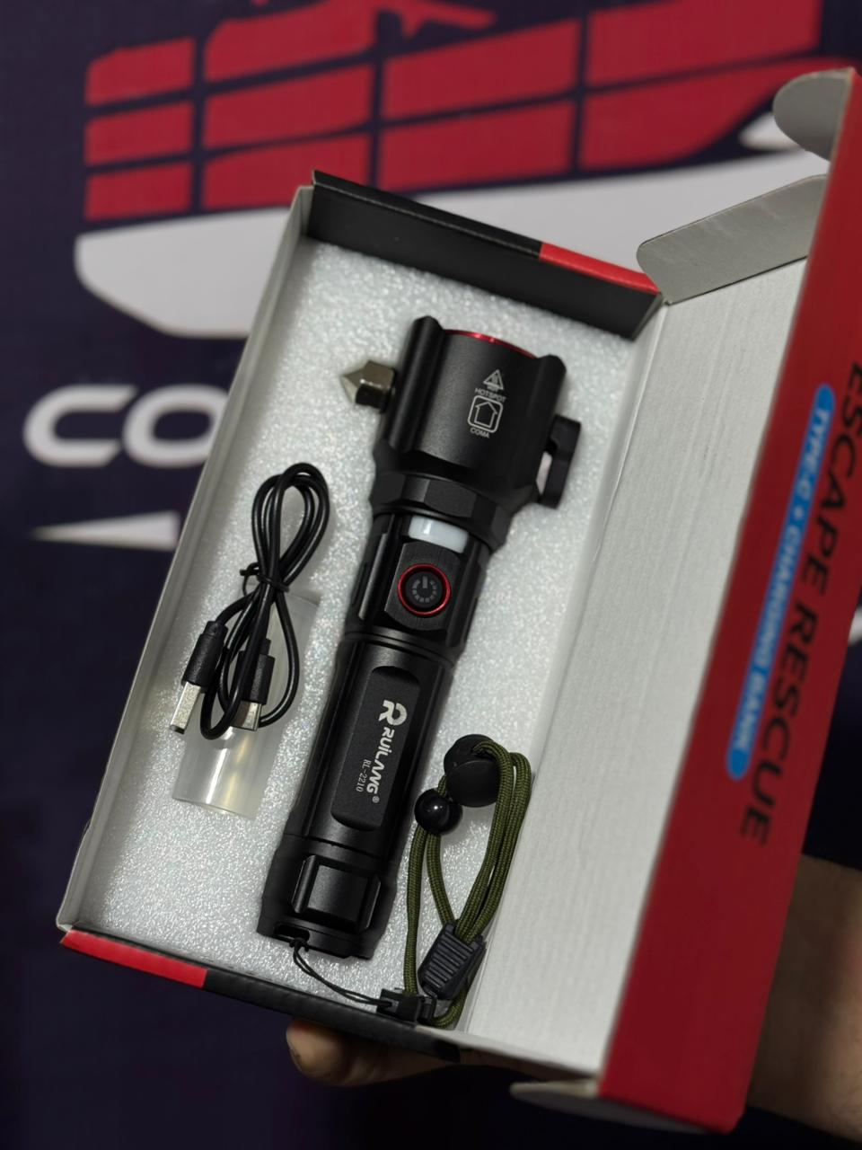 RUILANG RL-2210 Multifunctional Emergency Flashlight with Power Bank, Seatbelt Cutter & Window Breaker | Rechargeable LED Work Light