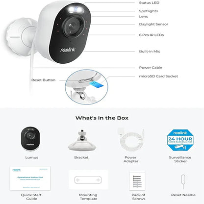 Reolink lumus box pack power adapter included with complete accessories camera with 2 way audio colour night vision 1920*1080 camera