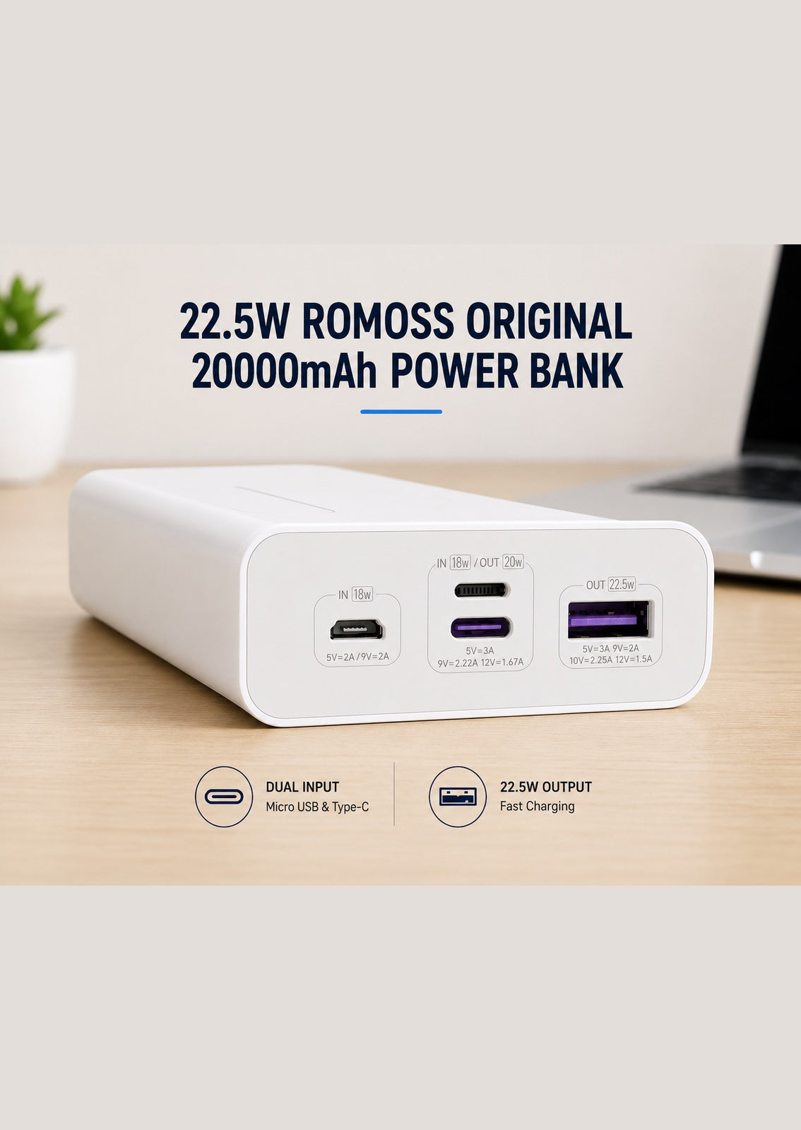 22.5W Romoss Original 20000mah Power bank Super Fast Charging with Type C +Lightning Cable