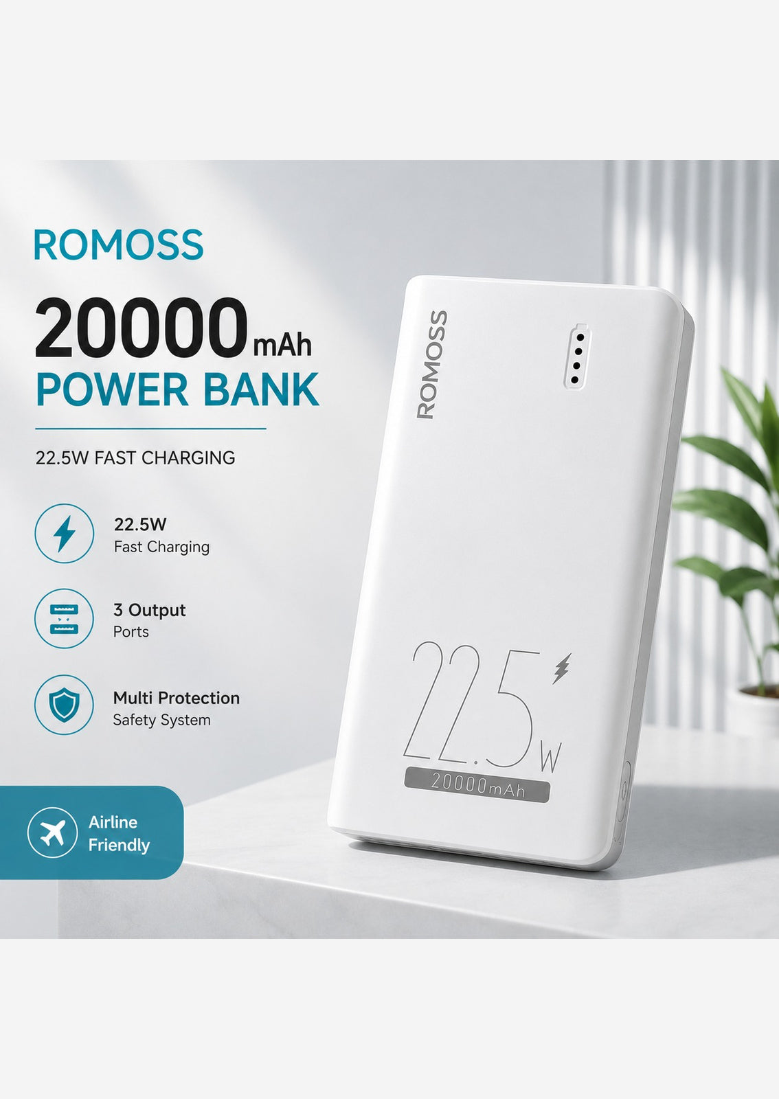 22.5W Romoss Original 20000mah Power bank Super Fast Charging with Type C +Lightning Cable